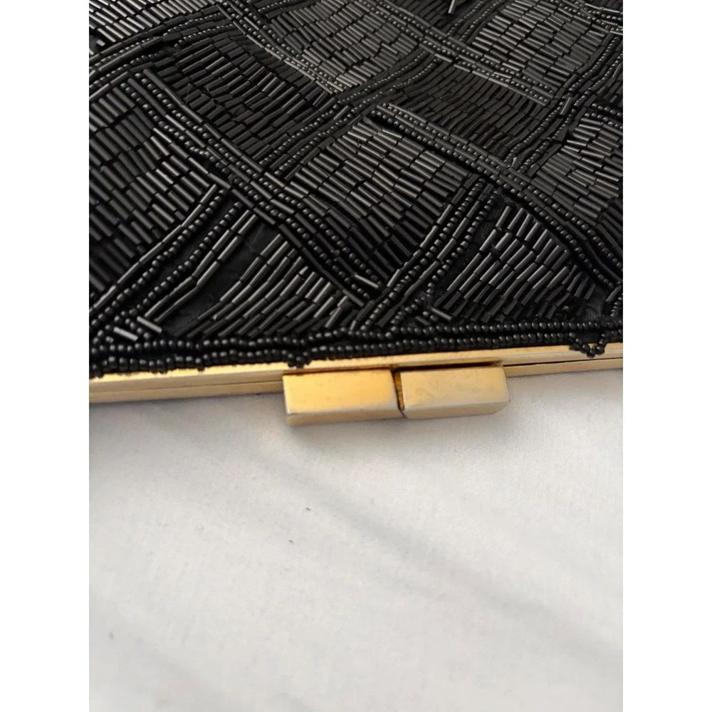 Vintage Marshall‎ Fields Black Beaded Clutch Hand Made Evening Bag Gold Chain